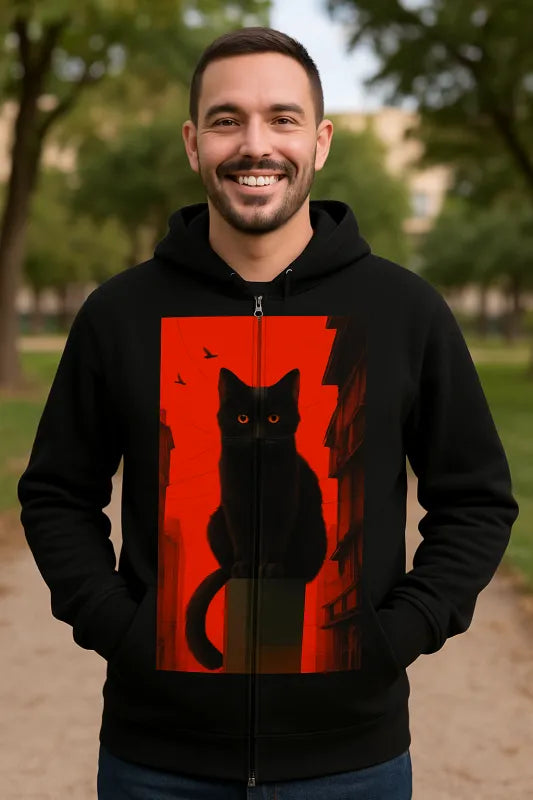 Midnight Majesty: The Enigmatic Black2 Cat - Men's Zip Hoodie